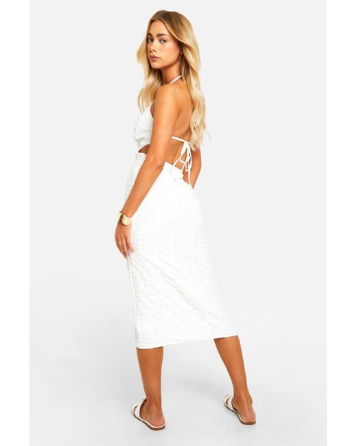 Boohoo White Textured Cut Out Tie Back Lined Midi Dress