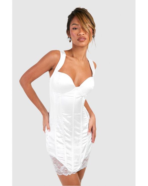 Boohoo White Satin Lace Trim Bonded Corset Mini Dress