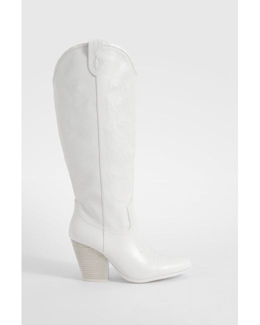Boohoo White Embroidered Knee High Western Cowboy Boots