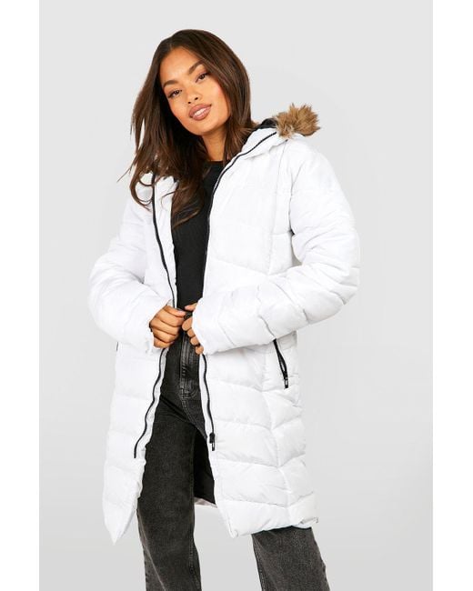 Boohoo White Faux Fur Hooded Panelled Parka Coat
