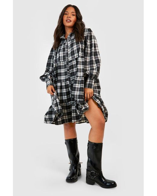 Plus Black Checked Oversized Shirt Dress