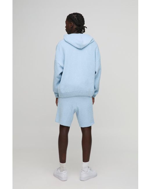 Boohoo Blue Boxy Fit Boucle Bm Knitted Zip Through Hoodie And Shorts Set