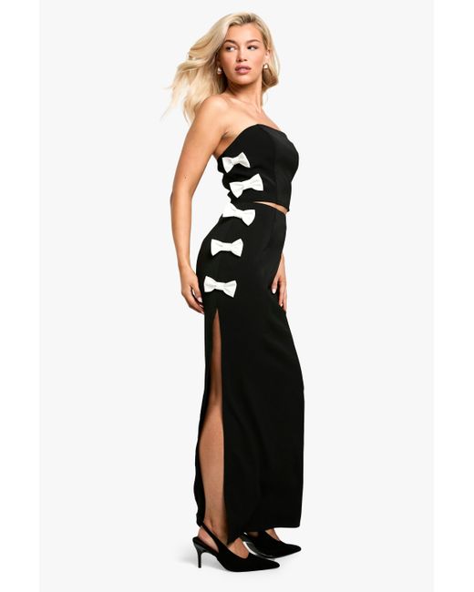 Boohoo Black Contrast Bow Thigh Split Column Maxi Skirt
