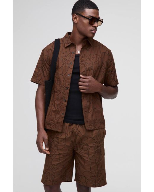 Boohoo Brown Oversized Collared Shirt & Relaxed Short Set