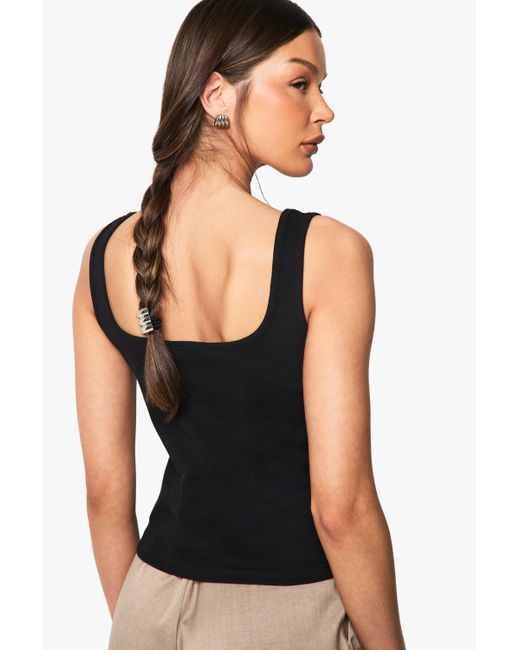 Boohoo Black Rib Button Through Square Neck Top