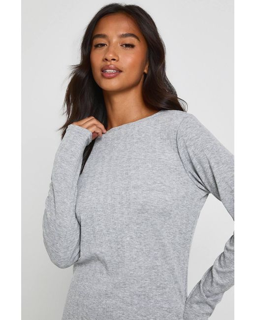 Boohoo Gray Petite Pointelle Long Sleeve Top And Wide Leg Trouser Pyjama Set