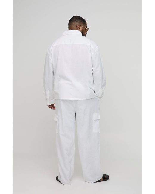 BoohooMAN White Plus Linen Look Elasticated Waist Relaxed Pants for men