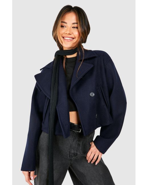 Boohoo Blue Wool Look Cropped Trench Coat