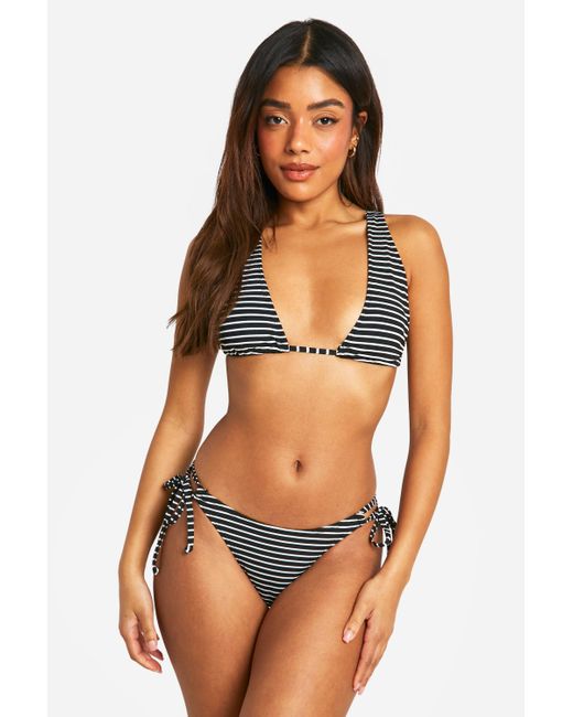 Boohoo Black Mono Stripe Rib Tie Side Bikini Brief