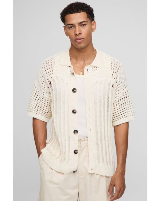 BoohooMAN Natural Regular Fit Open Stitch Knitted Shirt for men