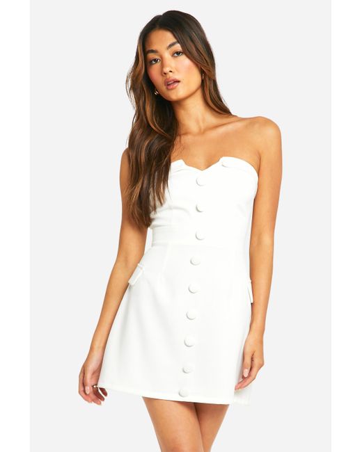 Boohoo White Button Front Bandeau Tailored Mini Dress