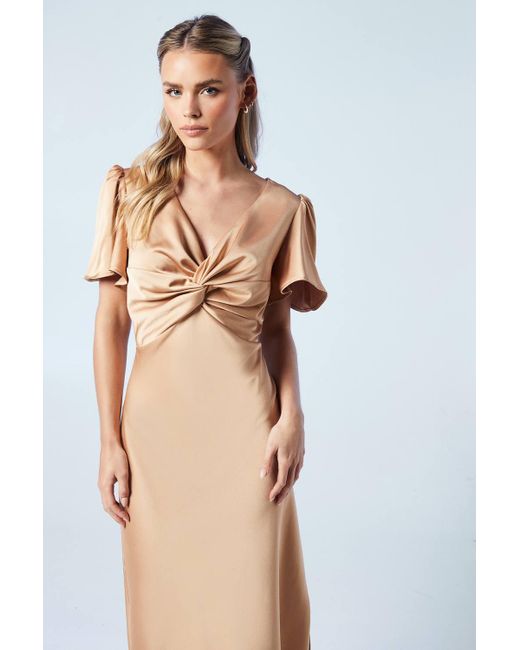 Oasis Brown Petite Twist Front Angel Sleeve Maxi Bridesmaid Dress
