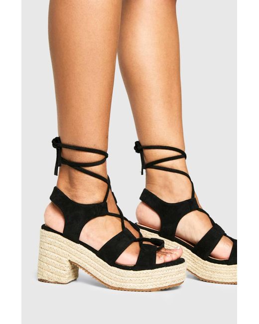 Boohoo Black Metallic Wrap Around Tie Leg Flatform Sandal