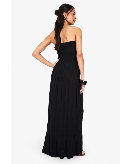 Boohoo Textured Shirred Bandeau Maxi Dress in Black | Lyst