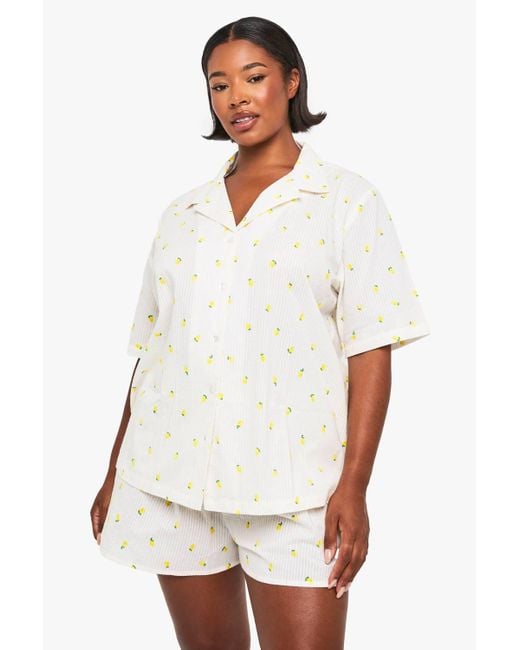 Boohoo White Plus Lemon Print Waffle Shirt Pj Top