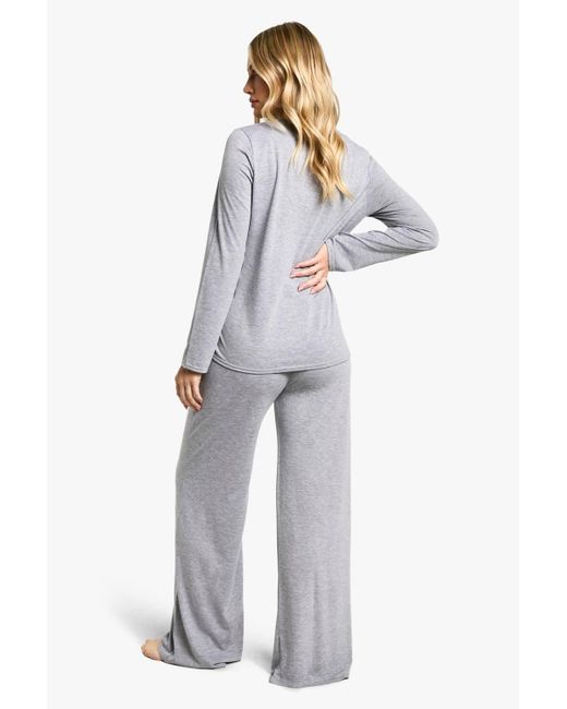 Boohoo Blue Maternity Long Sleeve Button Top & Wide Leg Trouser Pj Set
