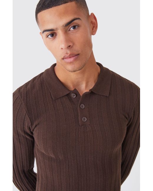 BoohooMAN Brown Long Sleeve Muscle Ribbed Polo for men