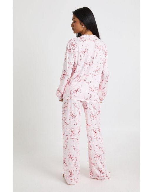 Boohoo Pink Bow Print Long Sleeve Shirt & Pants Pyjama Set