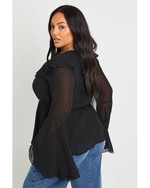 Boohoo Black Plus Dobby Ruffle Flared Sleeve Blouse