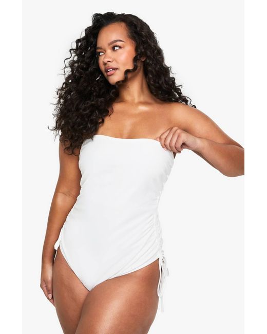 Boohoo White Plus Swimwear Essentials Ruched Tummy Control Swimsuit