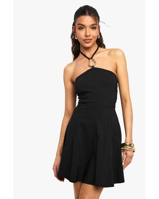 Boohoo Women's Black Halter Neck Trim Detail Volume Skater Dress