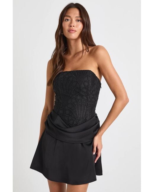 Boohoo Textured Sheer Floral Lace Corset Drape Mini Dress in Black | Lyst