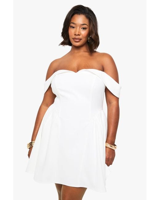 Boohoo White Plus Bardot Volume Mini Skater Dress