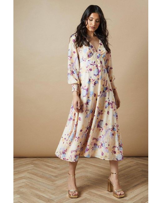 Oasis Brown Floral Button Long Sleeve Midi Dress