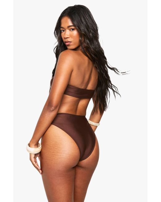 Boohoo Brown Shell Trim Bandeau Bikini Top & High Waist Bottoms Set