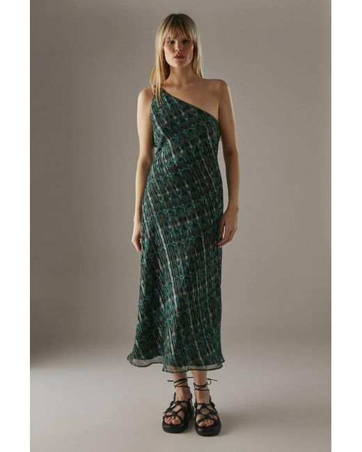 Warehouse Green Metallic Chiffon One Shoulder Bias Midi Dress