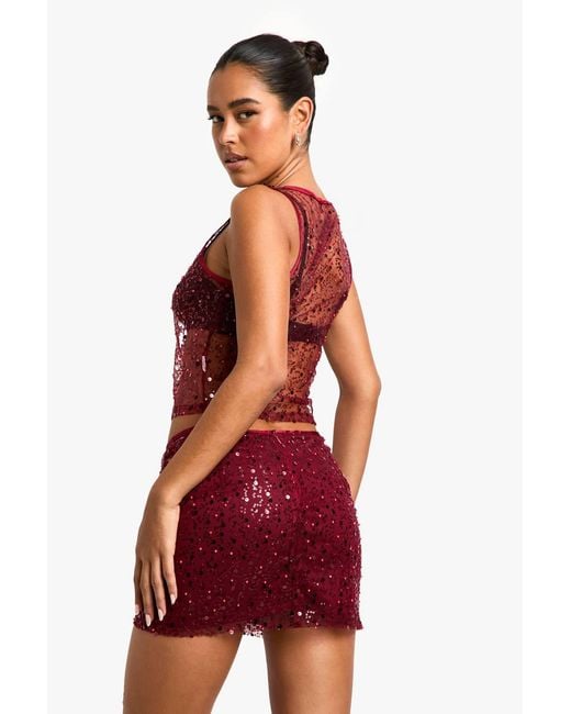 Boohoo Red Sequin Drape Mini Skirt