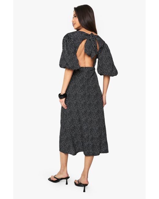 Vestido Midi De Lunares Con Mangas Abullonadas Y Atadura En La Espalda Boohoo de color Black