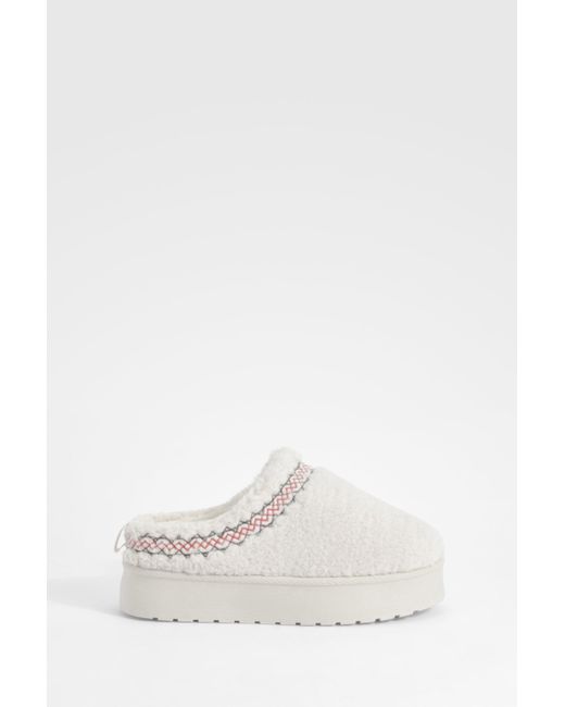 Boohoo White Borg Embroidered Platform Cosy Mules