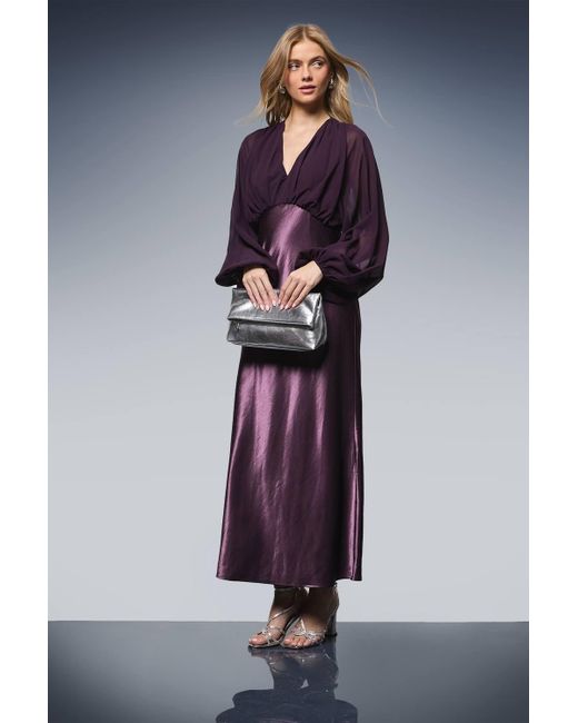 Oasis Blue Plain Balloon Sleeve V Neck Satin Chiffon Mix Midaxi Dress