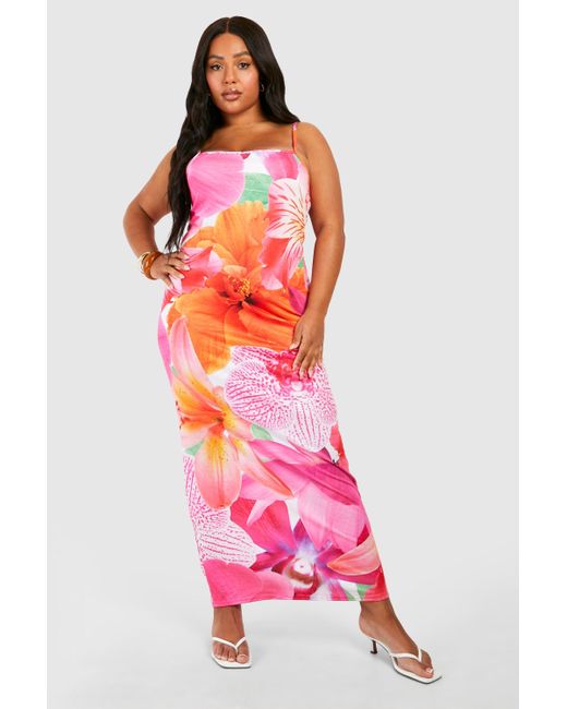 Plus Floral Print Strappy Maxi Dress Boohoo de color Pink