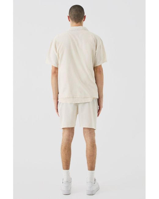 Short Sleeve Boxy Linen Shirt & Short Boohoo de color Natural