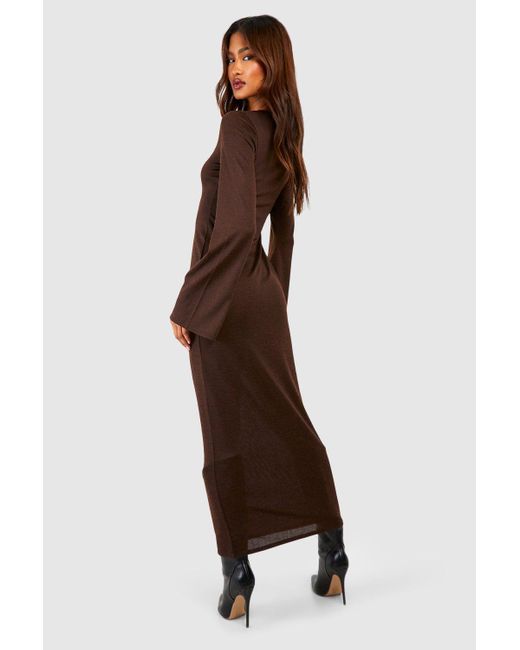 Boohoo Brown Tall Lightweight Knitted V Neck Flare Sleev Midaxi Dress