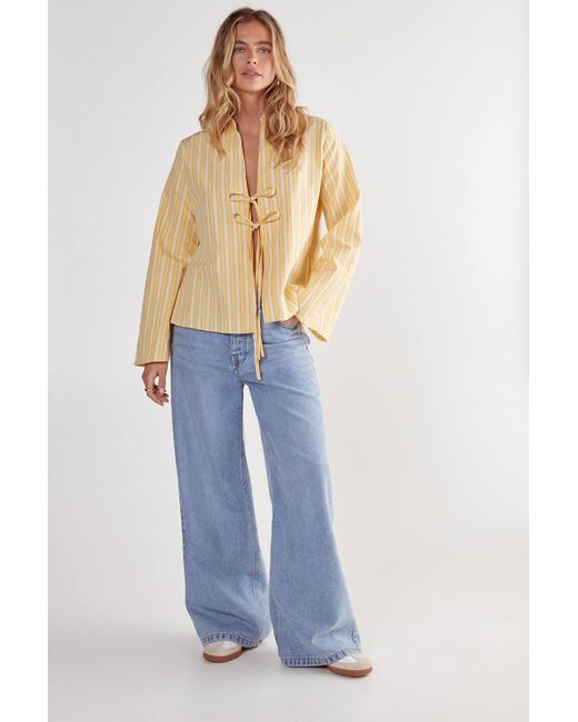 Nasty Gal Natural Cotton Stripe Tie Front Wide Cuff Shirt