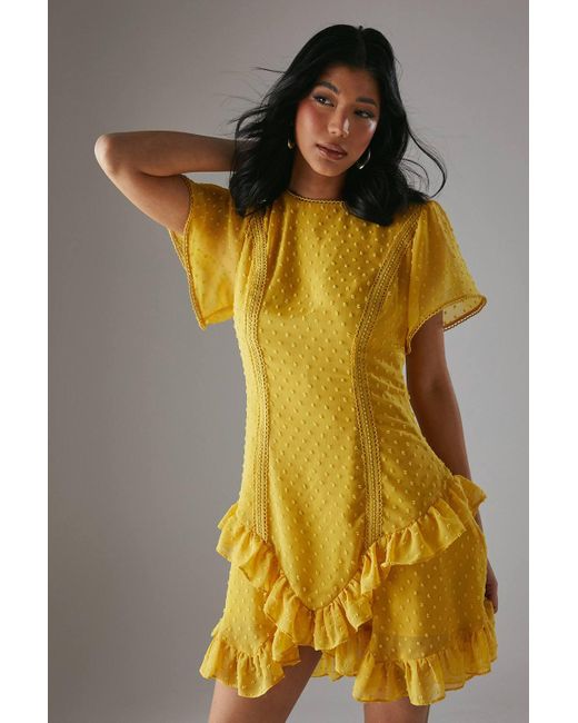 Warehouse Yellow Hcd Dobby Chiffon Lace Trim Ruffle Mini Dress