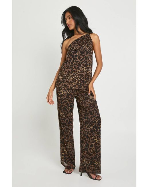Boohoo Brown Leopard Print Chiffon Wide Leg Jumpsuit