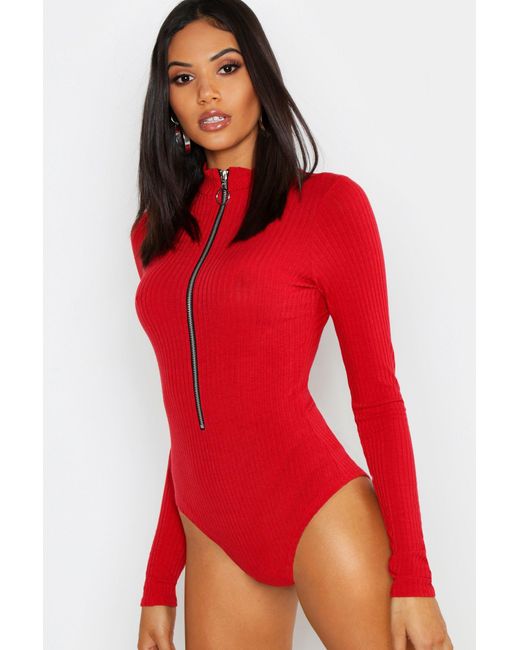 Boohoo Tall Long Sleeve Zip Front Knitted Rib One Piece in Red | Lyst UK