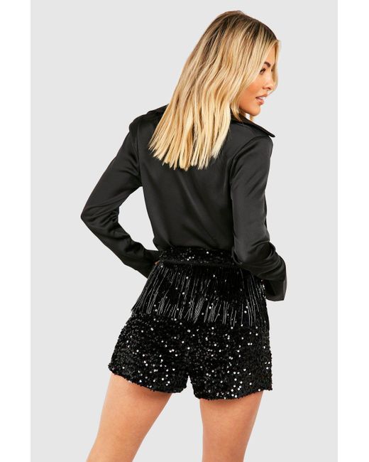 Boohoo Black Premium Velvet Tassel Sequin High Waist Shorts