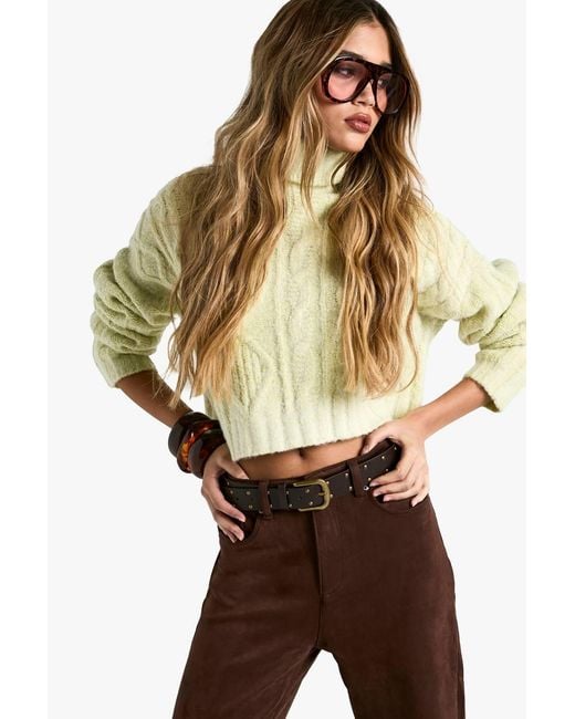 Boohoo Green Cable Roll Neck Knit Sweater
