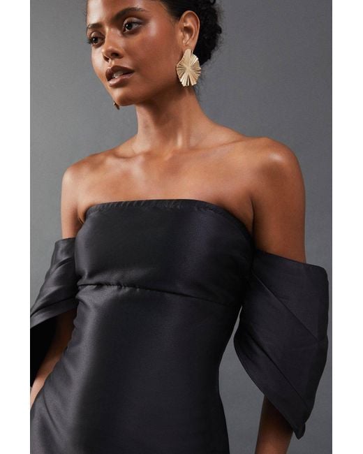 Warehouse Black Structured Puff Sleeve Bardot Midi Dress
