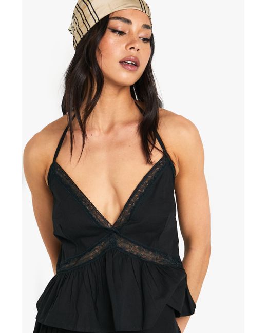 Camisola De Tela Con Ribete De Encaje Boohoo de color Black