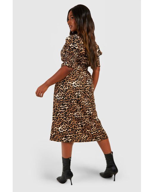 Boohoo Brown Plus Leopard Shirred Cuff Midi Dress