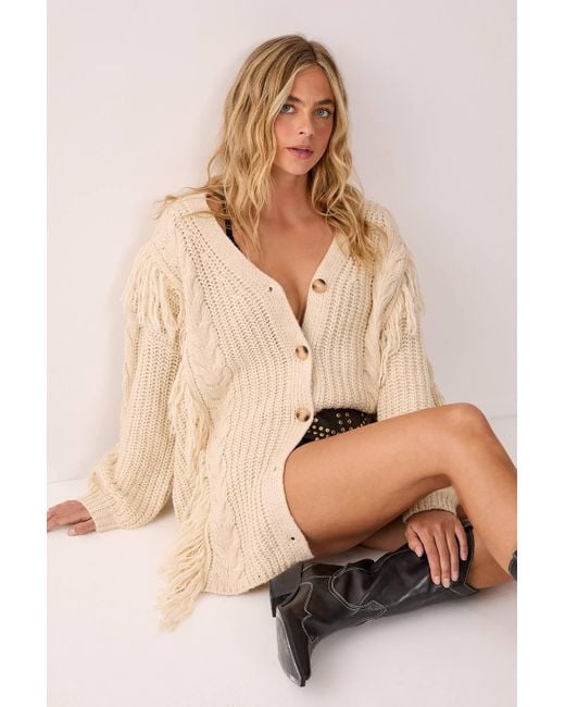 Nasty Gal Fringe Cable Mix Longline Knitted Cardigan in Natural Lyst