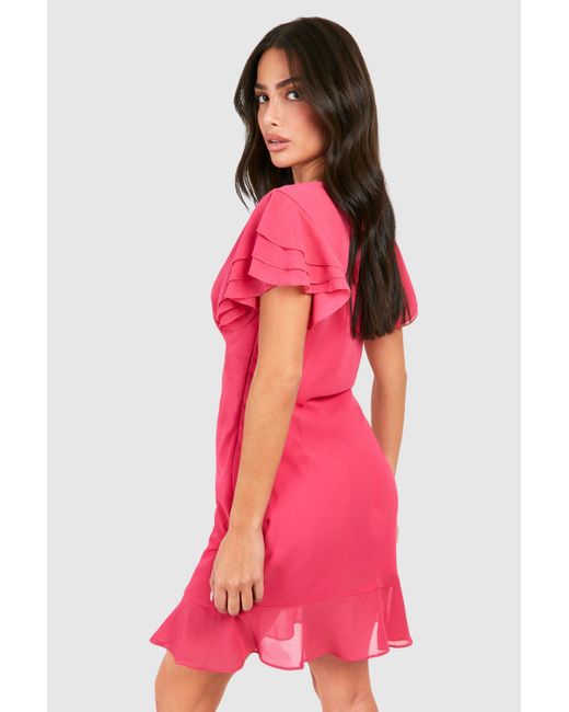 Boohoo Pink Petite Chiffon Frill Shoulder Mini Dress