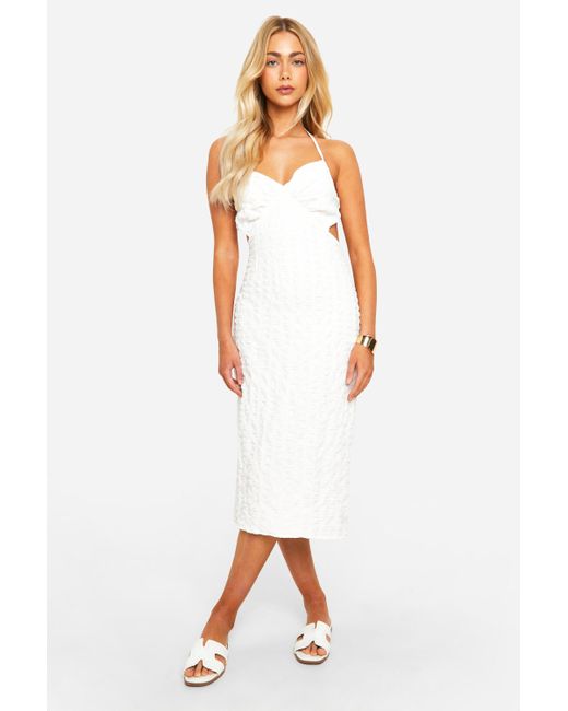 Boohoo White Textured Cut Out Tie Back Lined Midi Dress