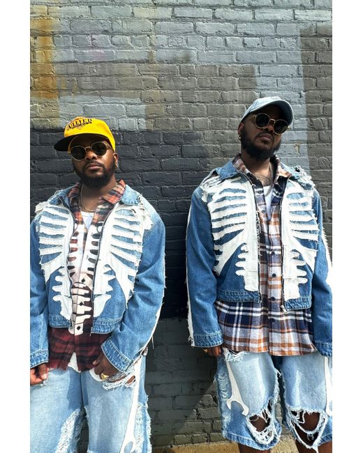 Boohoo Boxy Fit Skeleton Applique Distressed Jean Jacket in Blue